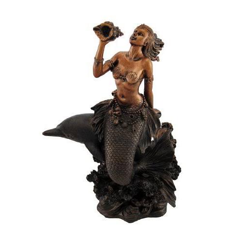 ホラ貝を持ってイルカに乗る人魚マーメイド彫像-装飾彫刻