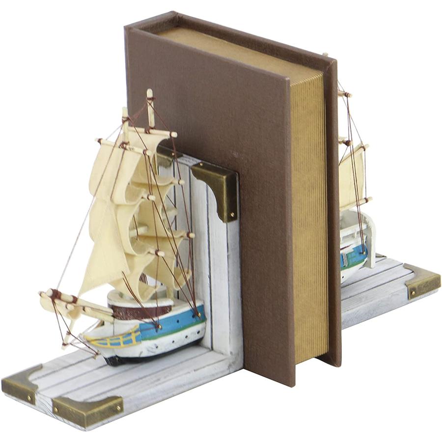 帆船ブックエンド彫像 本物のボート・船の帆とマストを支えるロープ付き2個セット(輸入品 |  | 03