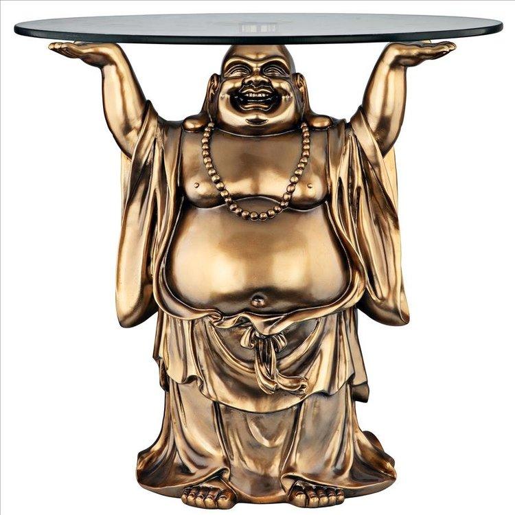 陽気な布袋尊 仏僧 彫刻台座 ガラストップテーブル アート彫像 陽気な布袋尊 仏僧 彫刻台座 ガラストップテーブル アート彫像