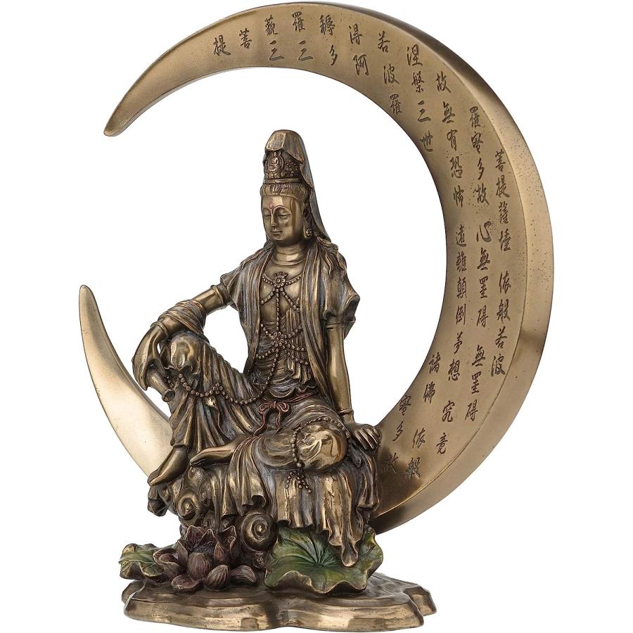 三日月に座る慈悲の水月観音彫刻 般若心経 観音菩薩彫像 仏像