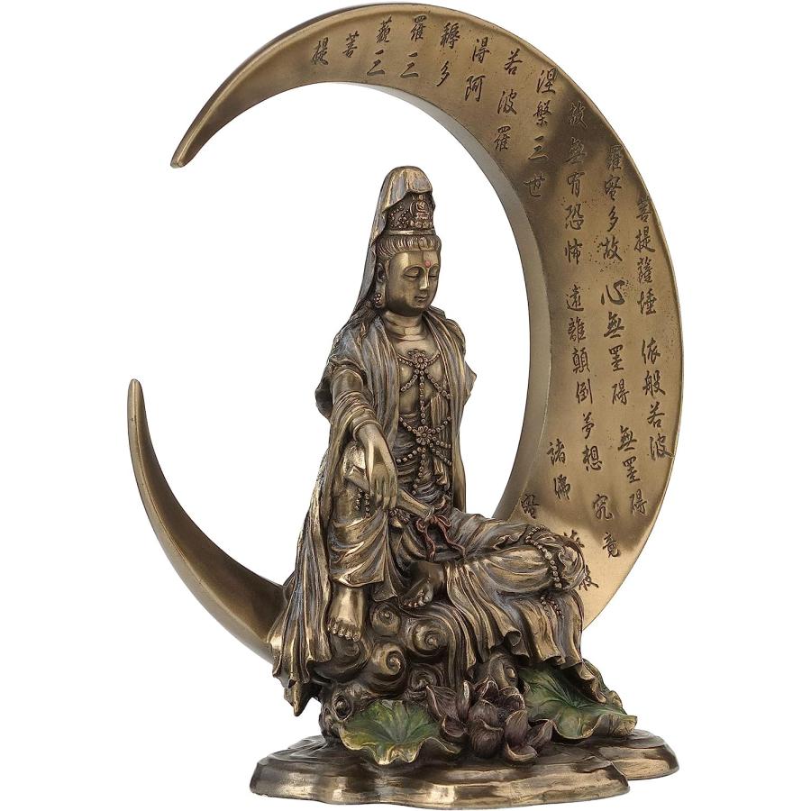 三日月に座る慈悲の水月観音彫刻 般若心経 観音菩薩彫像 仏像