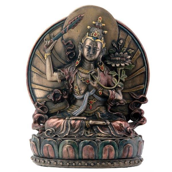 銅製 仏像 坐蓮観音菩薩像 仏教文化 工芸品 置物 蓮の上に座っている、文殊菩薩 仏像彫刻 彫像/ 大乗仏教 智慧を司る仏