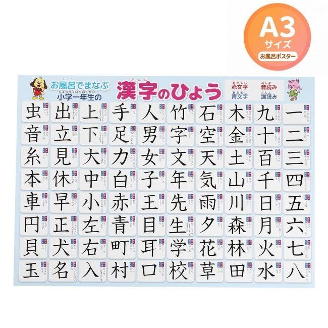 お風呂 ポスター 小学1年生の漢字 A3サイズ 420×297mm 知育 防水 学習