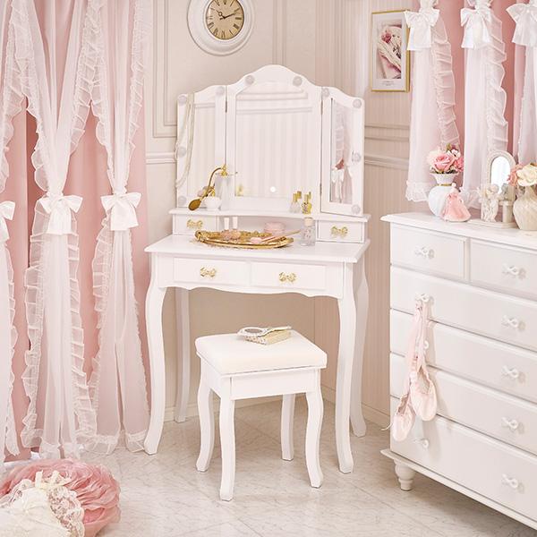ドレッサー 三面鏡 白 化粧台 鏡台 収納 椅子セット | リボン取っ手の