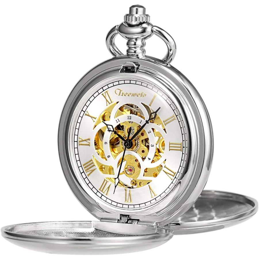 大量入荷 懐中時計 シルバー 機械式 ダブルケース スムーズ クラシック 懐中時計 Treeweto スチームパンク レディ メンズ フォブウォッチ ローマ数字 ワンピース チュニック Www We Job Com