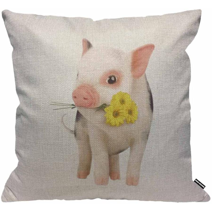 Hgod Designs 子豚 クッションカバー おしゃれ インテリア 可愛い豚 黄色い花を食う Sale 85 Off 綿麻生地 ファ 防ダニ 萌え 抗菌 洗える ホワイト