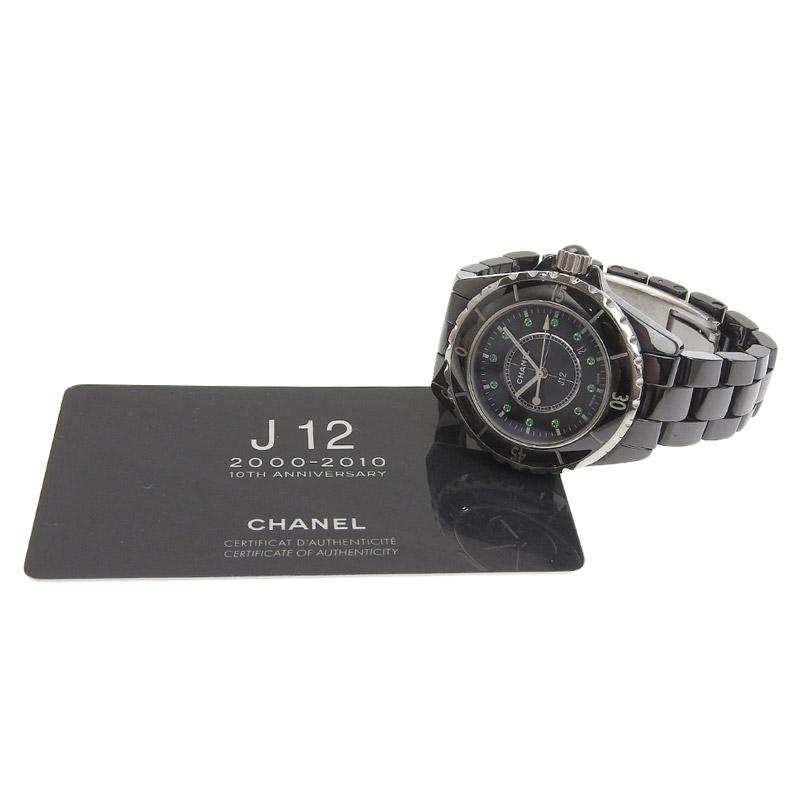 シャネル CHANEL J12 レディース クォーツ腕時計 SS/セラミック 12Pエメラルド ブラック文字盤 10周年記念モデル H2679 中古 新入荷 CH0856｜ronde｜07