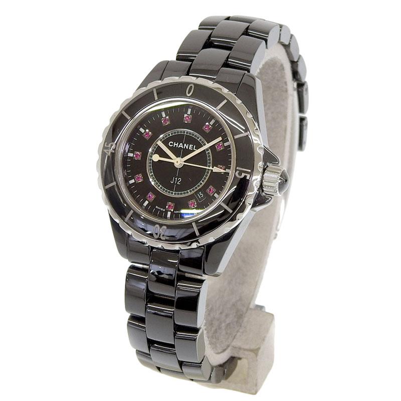 シャネル CHANEL J12 レディース クォーツ 腕時計 SS セラミック 12Pルビー ブラック文字盤 H1634 中古 新入荷 CH0861 J12 シャネル CHANEL レディース クォーツ 腕時計 SS セラミック 12P
