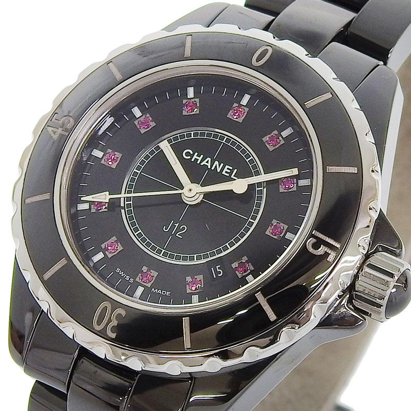 シャネル CHANEL J12 レディース クォーツ 腕時計 SS セラミック 12Pルビー ブラック文字盤 H1634 中古 新入荷 CH0861 CHANEL】シャネル『J12 ブラックセラミック 12Pルビー 33mm』H1634