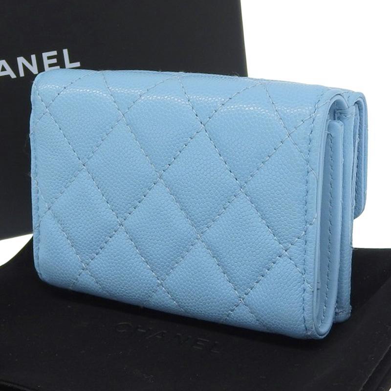 シャネル CHANEL ココマーク スモールフラップウォレット キャビアスキン ラインストーン ライトブルー AP3397 美品 新入荷 CH1002 CHANEL（シャネル） ココマーク スモールフラップウォレット キャビア