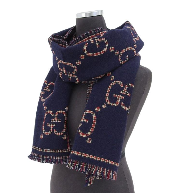 GG グッチ GUCCI GGウール マフラー ネイビー/レッド チェック 660025