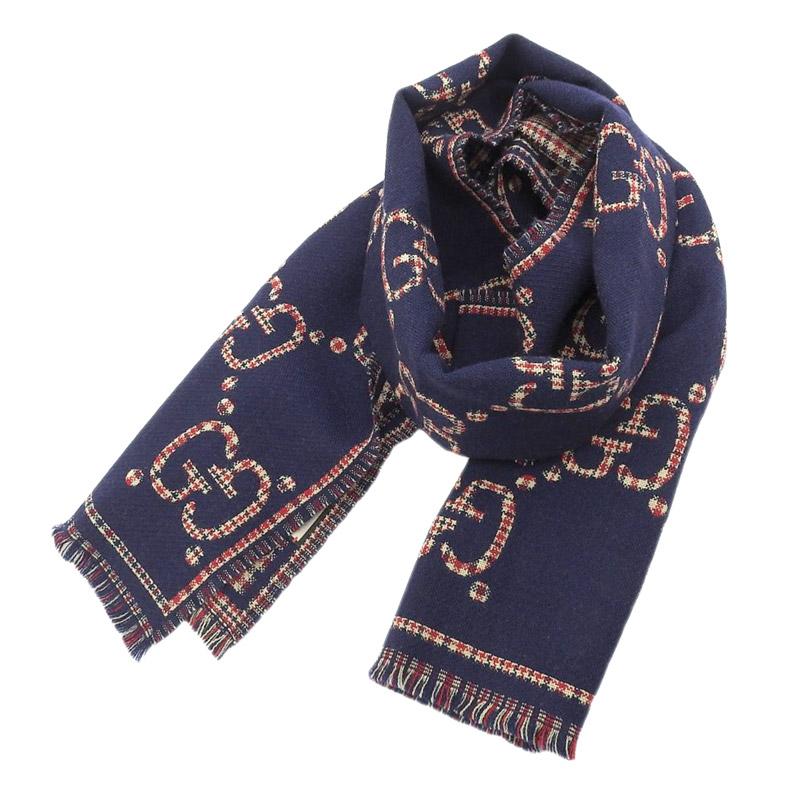 GG グッチ GUCCI GGウール マフラー ネイビー/レッド チェック 660025