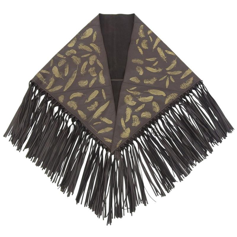 エルメス HERMES トライアングル フリンジ ショール レザー ブラウン PLUMES(羽根) 中古 新入荷 HE1163 HERMES（エルメス） トライアングル フリンジ ショール レザー