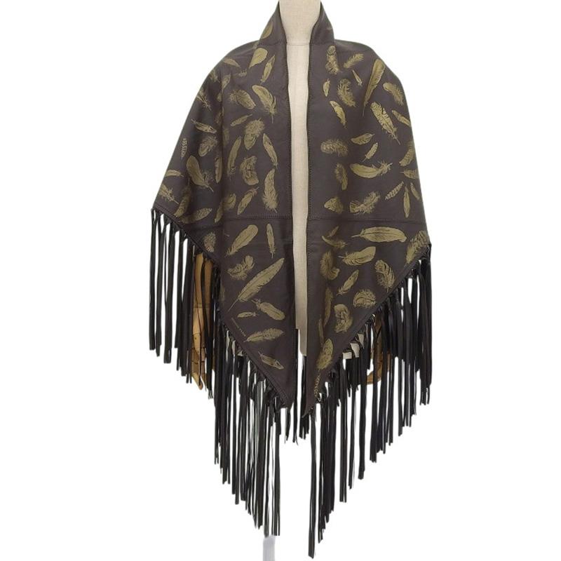 エルメス HERMES トライアングル フリンジ ショール レザー ブラウン PLUMES(羽根) 中古 新入荷 HE1163 HERMES（エルメス） トライアングル フリンジ ショール レザー