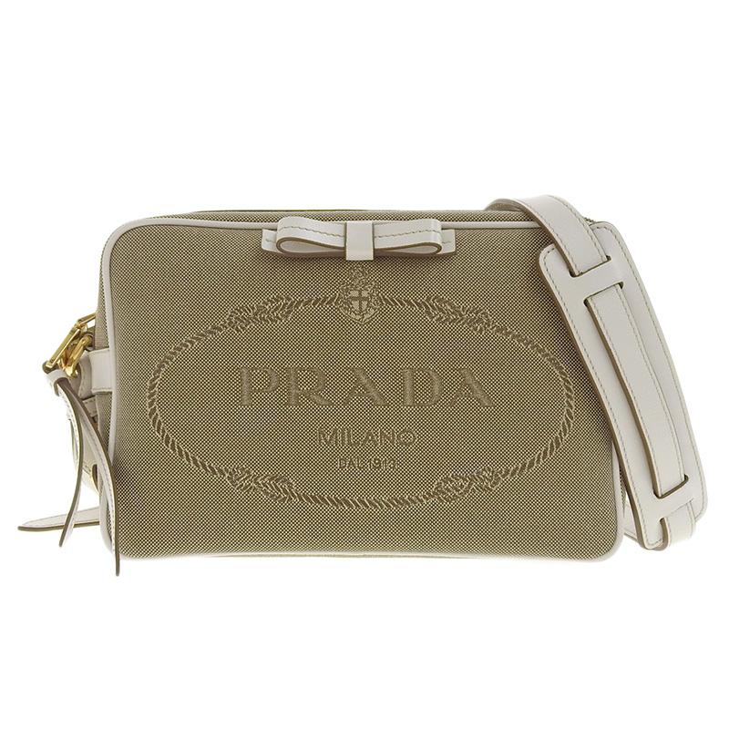 PRADA プラダ ジャガード リボン ショルダーバッグ キャンバス/レザー 