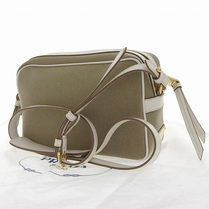 プラダ PRADA  ジャガード リボン ショルダーバッグ キャンバス/レザー ベージュ/ホワイト 1BH089 中古 新入荷 OB1457 PRADA（プラダ） ジャガード リボン ショルダーバッグ キャンバス