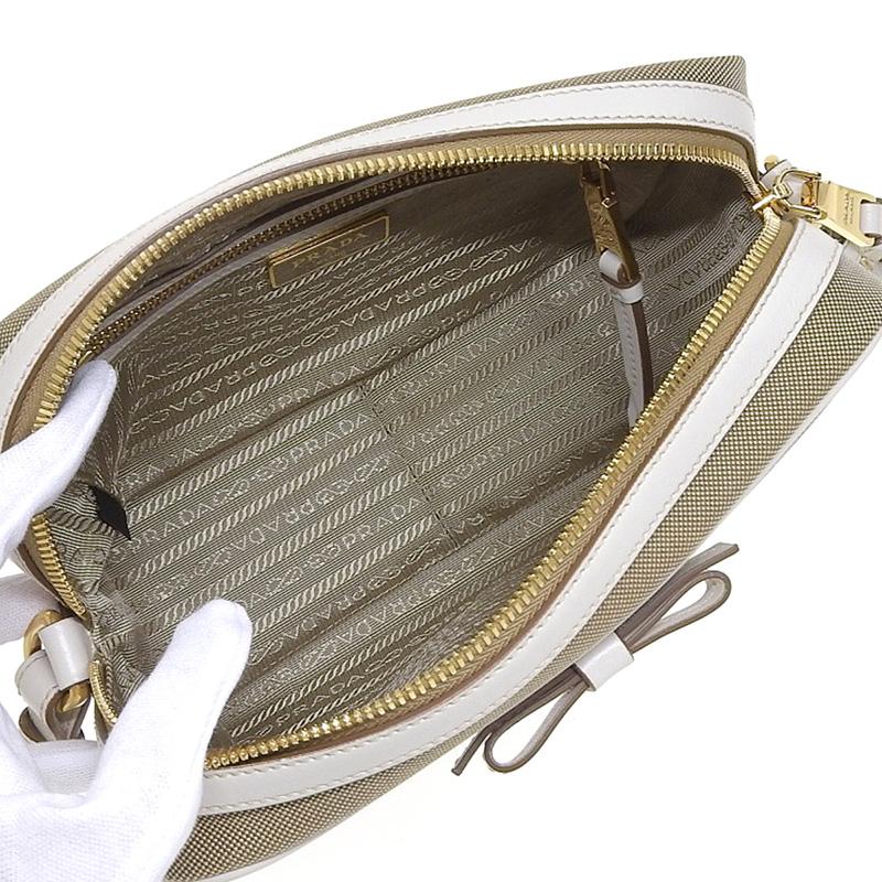 プラダ PRADA  ジャガード リボン ショルダーバッグ キャンバス/レザー ベージュ/ホワイト 1BH089 中古 新入荷 OB1457 PRADA（プラダ） ジャガード リボン ショルダーバッグ キャンバス