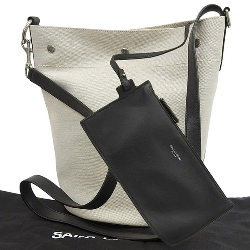 サンローラン SAINT LAURENT バケットバッグ ショルダーバッグ キャンバス/レザー ホワイト/ブラック 669299 中古 新入荷 OB2537 SAINT LAURENT サンローラン バケットバッグ ショルダーバッグ