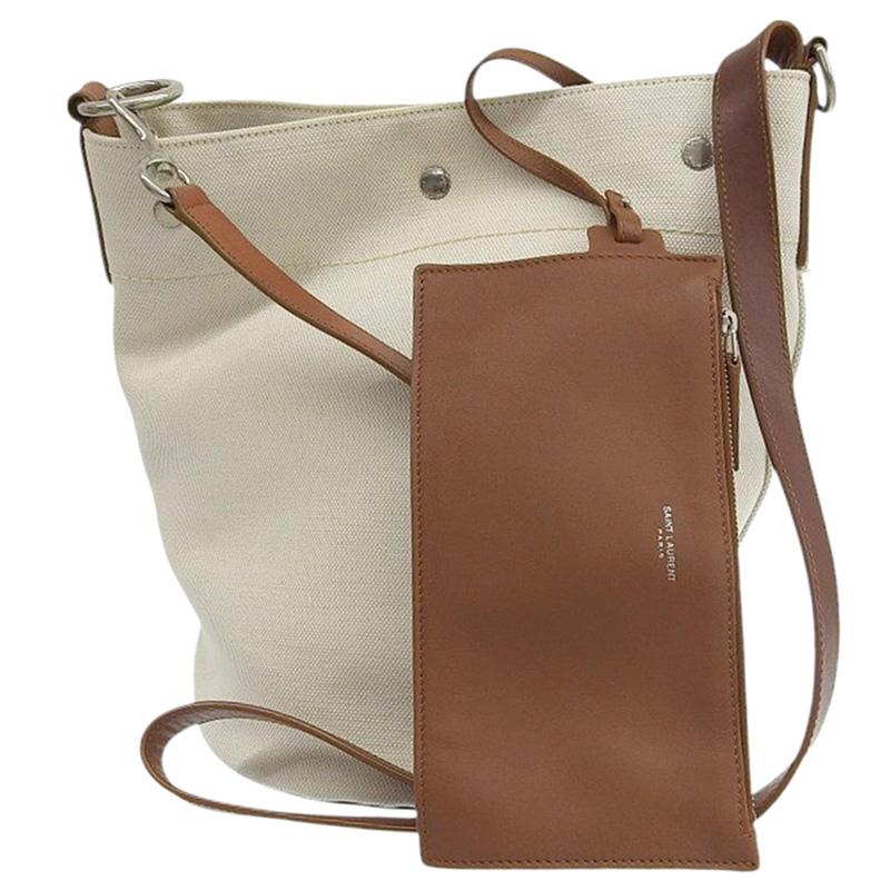 サンローラン SAINT LAURENT バケットバッグ ショルダーバッグ キャンバス/レザー ホワイト/ブラウン 669299 中古 新入荷 OB2540 SAINT LAURENT サンローラン バケットバッグ ショルダーバッグ