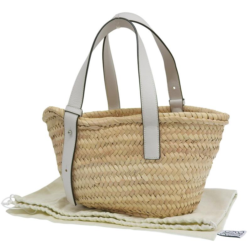 ロエベ LOEWE バスケットバッグ スモール トートバッグ かごバッグ ラフィア/レザー ナチュラル/ホワイト A223S93X04 中古 新入荷 OB2669 Basket（LOEWE） ロエベ LOEWE バスケットバッグ スモール トート