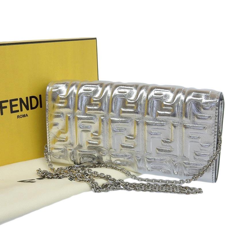 フェンディ FENDI チェーンウォレット 長財布 ズッカ レザー シルバー 8M0365 中古 新入荷 OBB0553 FENDI（フェンディ） チェーンウォレット 長財布 ズッカ レザー