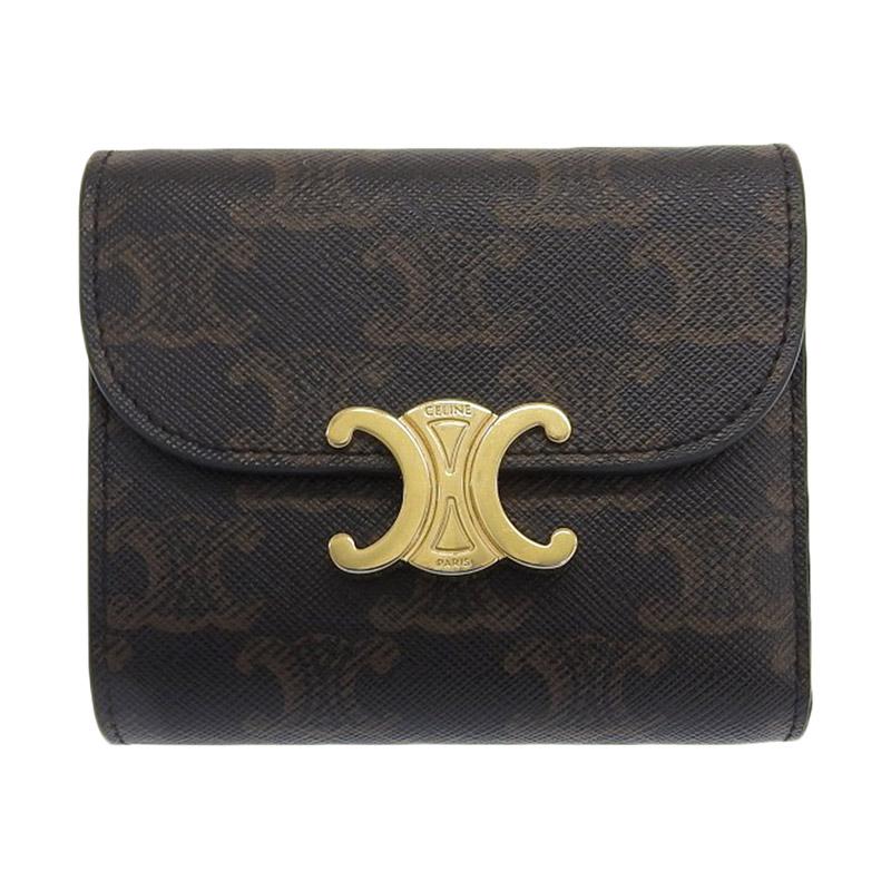 セリ－ヌ CELINE トリオンフ スモール フラップウォレット トリオンフキャンバス カーフスキン タン 10D782CQH.04LU 中古 新入荷 OBB0638 TRIOMPHE セリ−ヌ CELINE トリオンフ スモール フラップウォレット