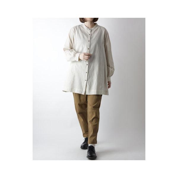 チュニック コットン 綿 前開き 長袖 先染め ストライプ 秋 冬