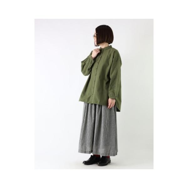 45R　フランネルシャツチュニック　フレアシルエット　千鳥格子　ゆったり　日本製 SALE チュニック シャツチュニック フランネル コットン 刺繍 長袖 前