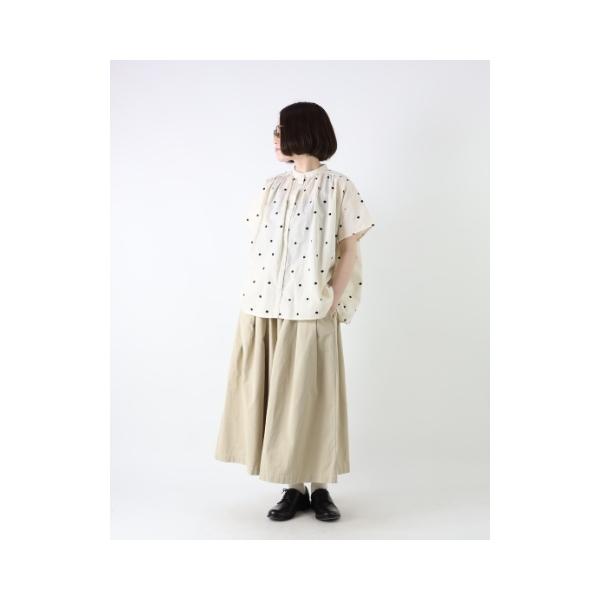 ブラウス ドット 刺繍 綿 コットン 麻 リネン スタンドカラー 半袖