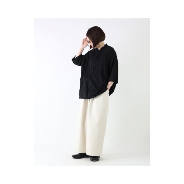 SALE ブラウス プルオーバー ゆったり バンドカラー 7分袖 ピンタック