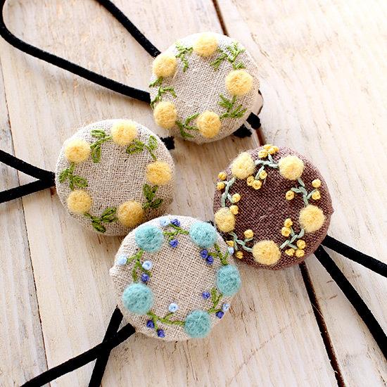 ヘアゴム 野の花 刺繍 くるみボタン 羊毛 レディース キッズ