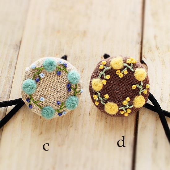 ヘアゴム 野の花 刺繍 くるみボタン 羊毛 レディース キッズ