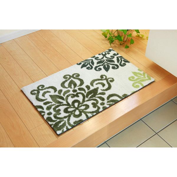 玄関マット ラグ 55&times;85 おしゃれ 北欧風 洗える ボタニカル柄 花柄 グリーン オレンジ 滑り止め  パイル マイクロファイバー ニット編み モダン