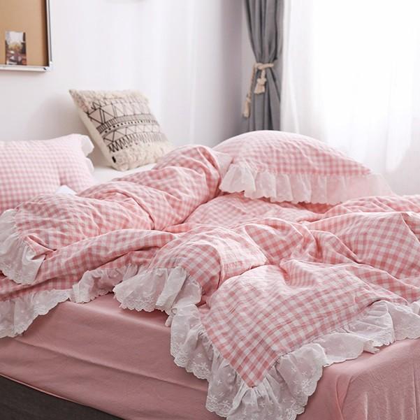S 花柄刺繍フリルレース ギンガムチェック柄 ガーリー ベッドカバー 3点セット Rf Set 0251 Roomfort 通販 Yahoo ショッピング