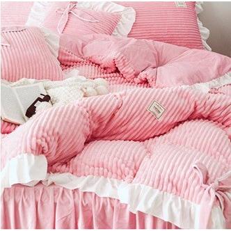 Sd D Q ふわふわストライプ模様 バイカラーフリル リボンモチーフ プリンセス ベッドカバー 4点セット Rf Set 0269 Roomfort 通販 Yahoo ショッピング