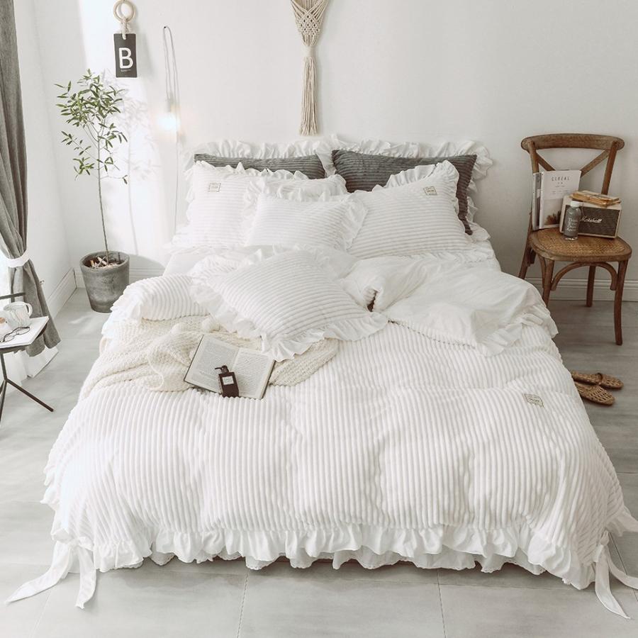 Sd D Q ふわふわストライプ模様 バイカラーフリル リボンモチーフ プリンセス ベッドカバー 4点セット Rf Set 0269 Roomfort 通販 Yahoo ショッピング