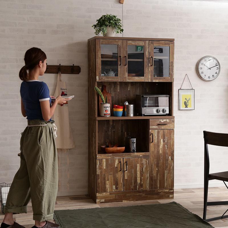 食器棚 レンジ台 カップボード 幅90cm ブラウン 寄木柄 木目