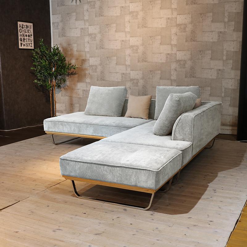 二人掛けソファーとカウチソファ スツールのセット グレー ブルー