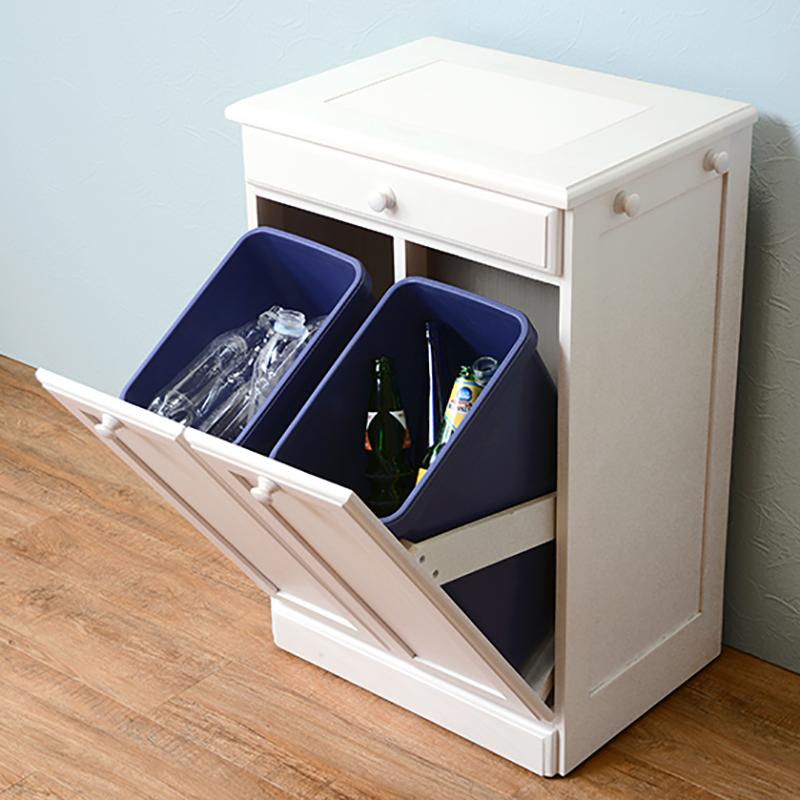 ダストボックス付きキッチンカウンター 幅47cm 2台セット ホワイト色 天板タイル 15L×2分別 フラップ扉 木製 MUD-1-DB |  | 13