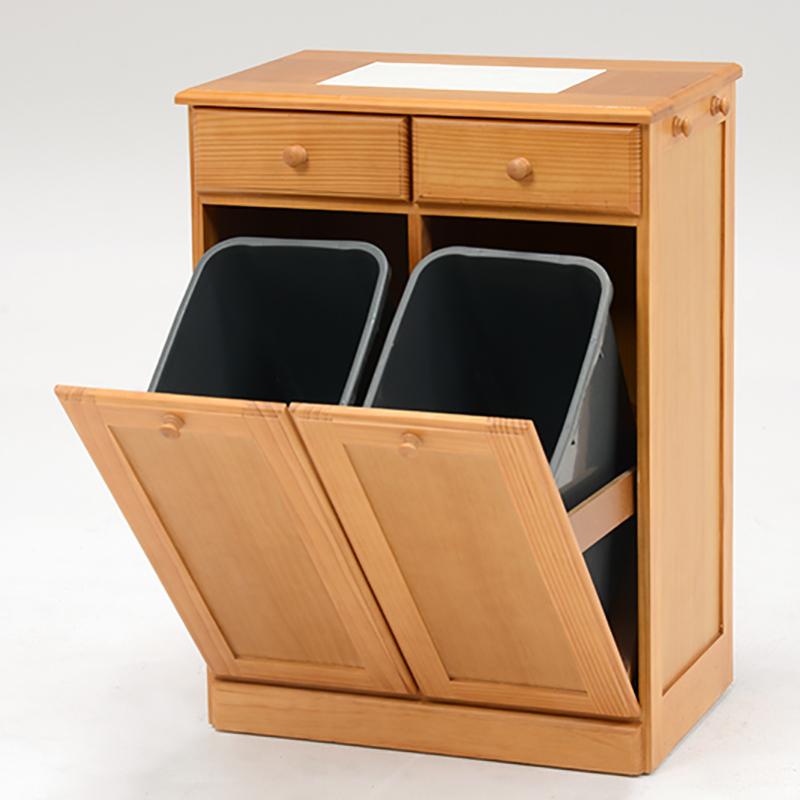 ダストボックス付きキッチンカウンター 幅59cm 2台セット ナチュラル色 天板タイル 25L×2分別 フラップ扉 木製 MUD-2-DB |  | 02