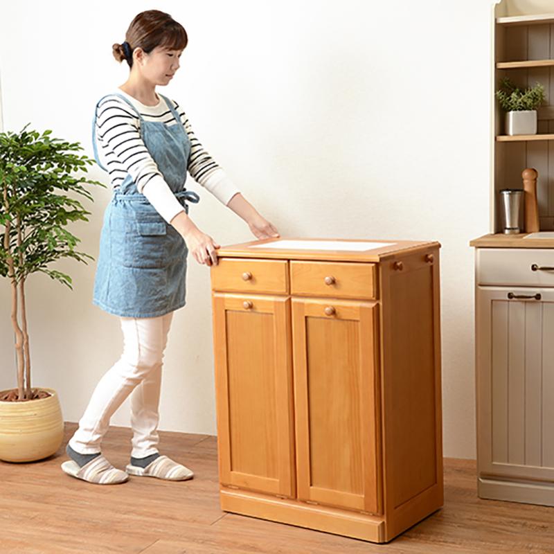 ダストボックス付きキッチンカウンター 幅59cm 2台セット ナチュラル色 天板タイル 25L×2分別 フラップ扉 木製 MUD-2-DB |  | 08