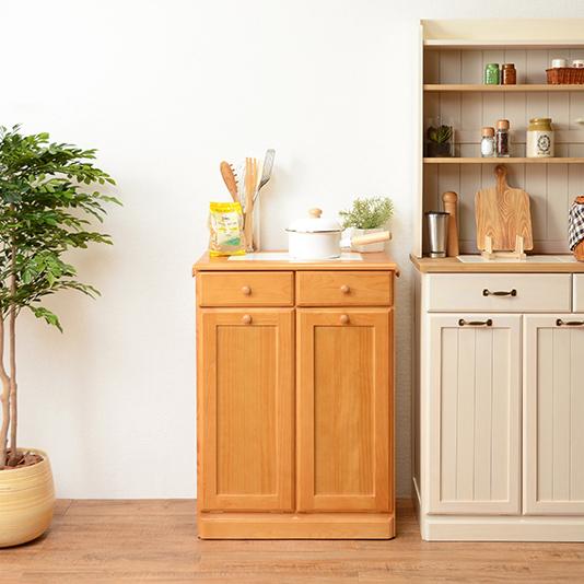 ダストボックス付きキッチンカウンター 幅59cm 2台セット ナチュラル色 天板タイル 25L×2分別 フラップ扉 木製 MUD-2-DB |  | 09