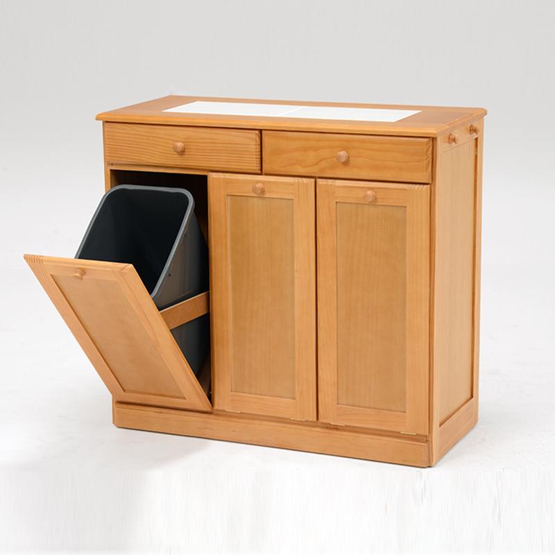 ダストボックス付きキッチンカウンター 幅87cm 2台セット ナチュラル色 天板タイル 25L×3分別 フラップ扉 木製 MUD-3-DB |  | 01