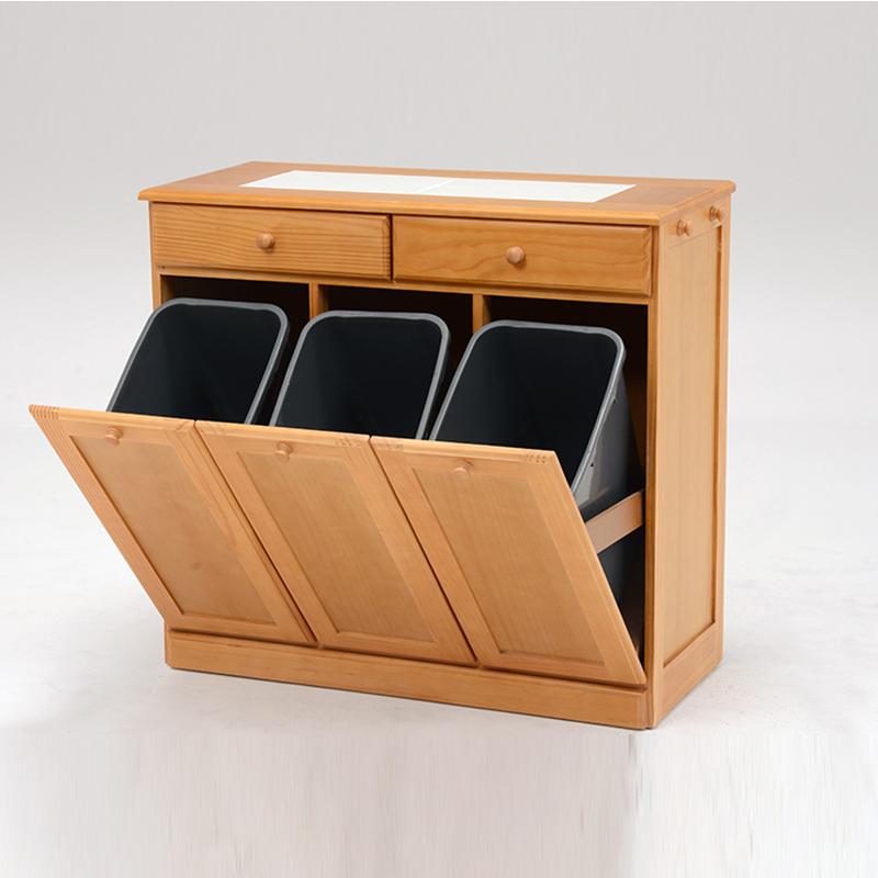 ダストボックス付きキッチンカウンター 幅87cm 2台セット ナチュラル色 天板タイル 25L×3分別 フラップ扉 木製 MUD-3-DB |  | 02