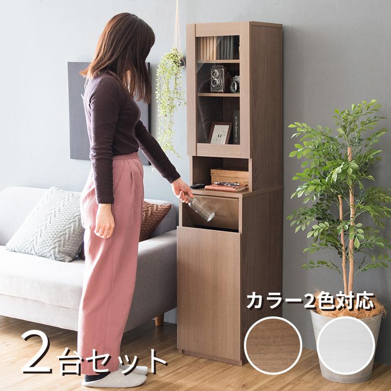 ダストボックス付きキッチンラック 2台セット 幅35cm スキマ収納 ガラス扉 ブラウン ゴミ箱上収納リビングでも スリム 店舗用 RPP-DB | 