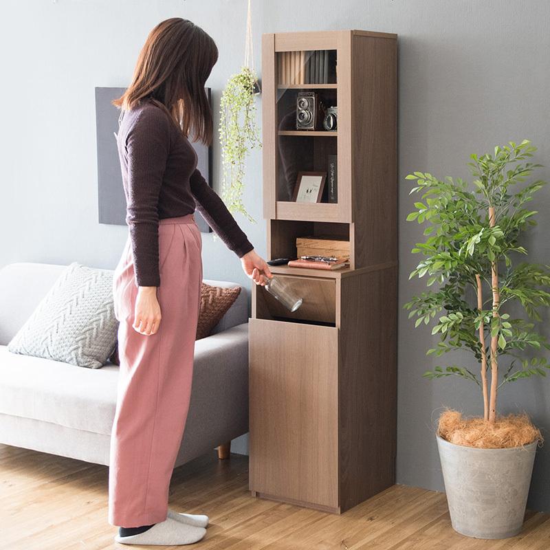 ダストボックス付きキッチンラック 2台セット 幅35cm スキマ収納 ガラス扉 ブラウン ゴミ箱上収納リビングでも スリム 店舗用 RPP-DB |  | 03