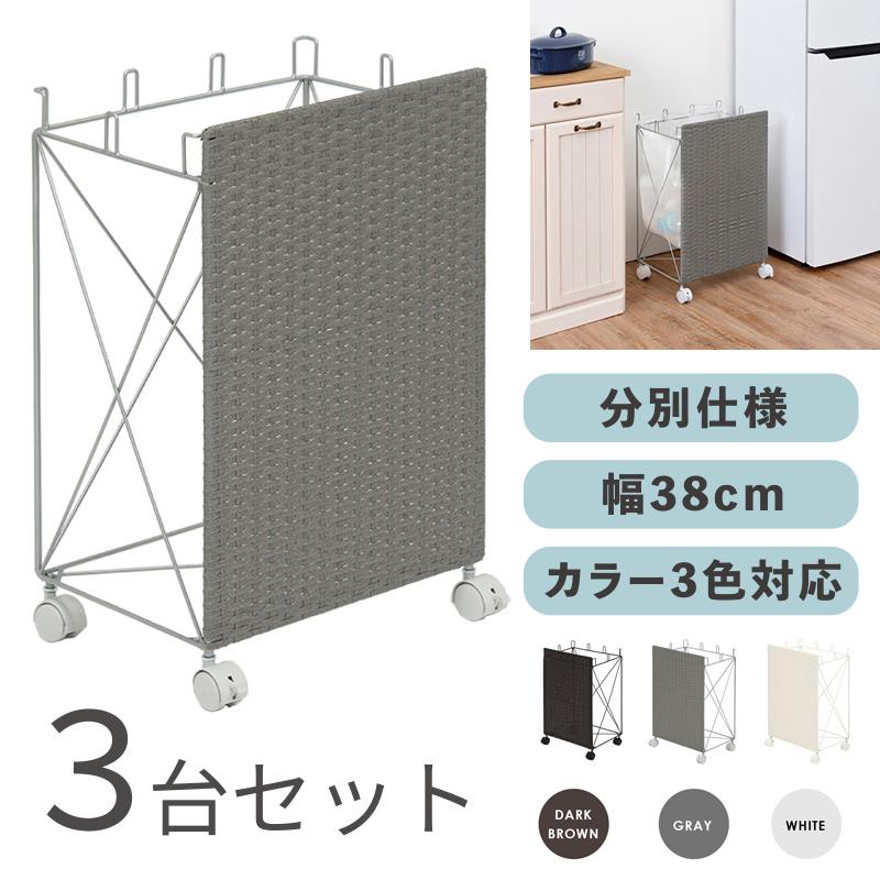 ラタン調 ゴミ箱 ごみ箱 3台セット グレー色/全3色 幅38×奥行28×高さ60.5cm 分別 大容量 キャスター付 ひっかけタイプ RUDO-DB