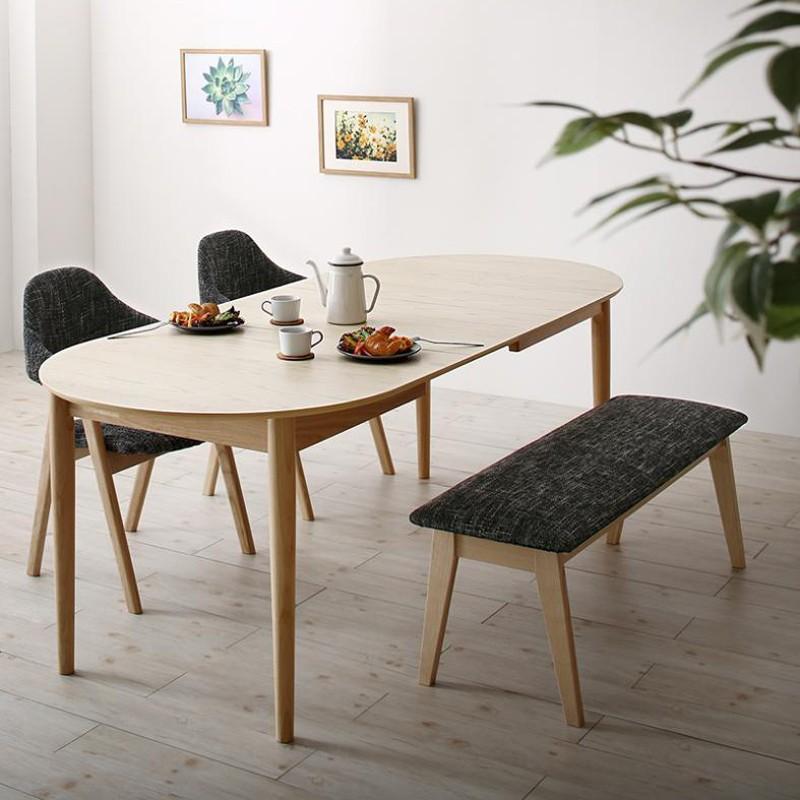 ・TTT 伸縮式ダイニング4点セット ウォールナット突板/布張り 北欧テイスト　ウレタン塗装 ベンチ 伸張式テーブル　エクステンションテーブル