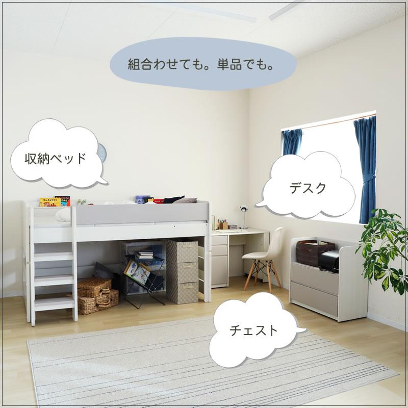 シングルベッド　ホワイトデスク 収納付き　子供 システムベッド ポーラ 【ベッド/デスク/チェスト 3点セット】ホワイト