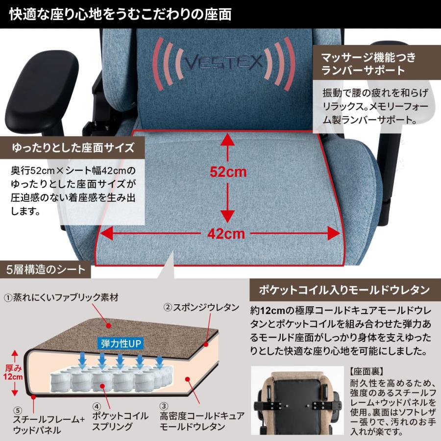 ゲーミングチェア デスクチェア VESTEX S1 フットレスト付き ファブリック ブルー ポケットコイル入り 前傾モード マッサージ機能 低座面仕様 VES-S1FTBL｜roomworks-online｜11